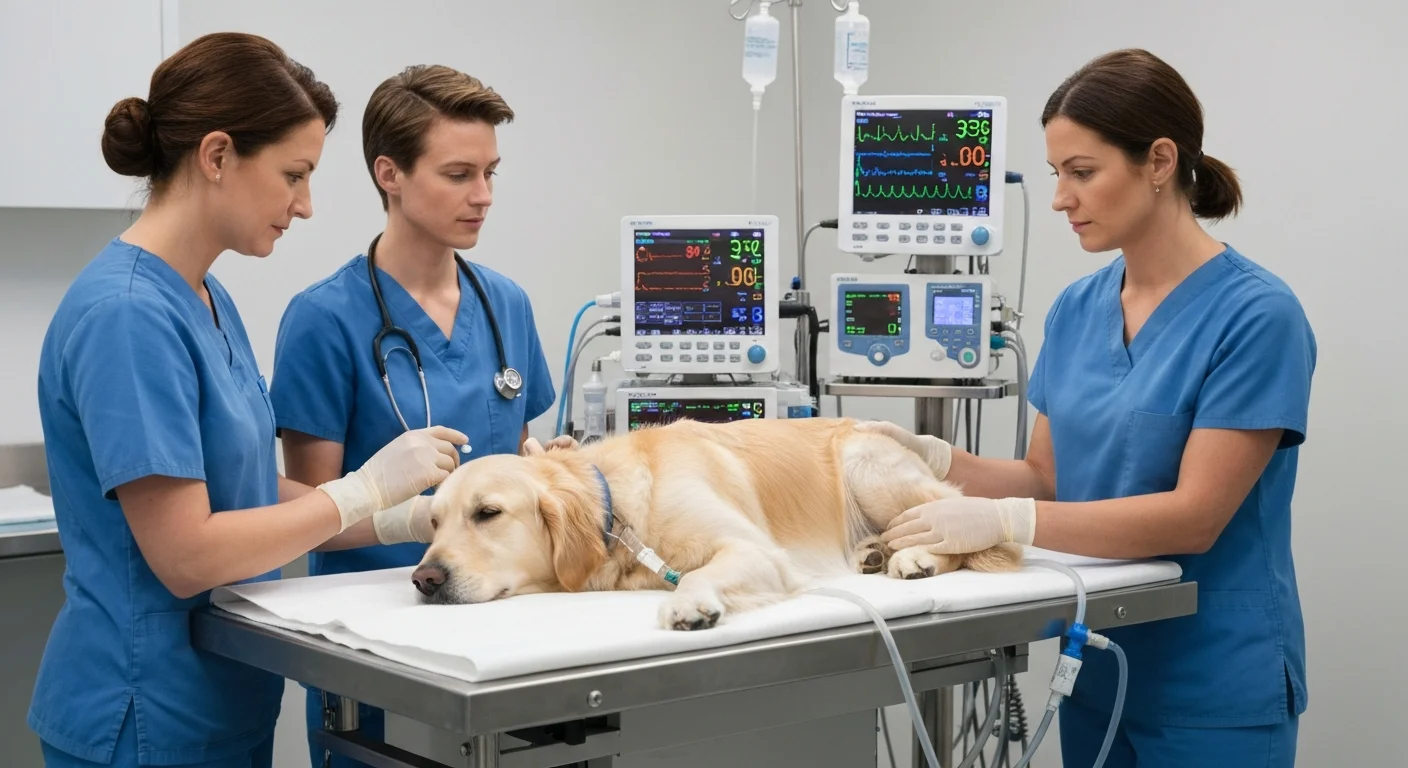 Veterinary team monitoring a dog under anesthesia during surgical procedure