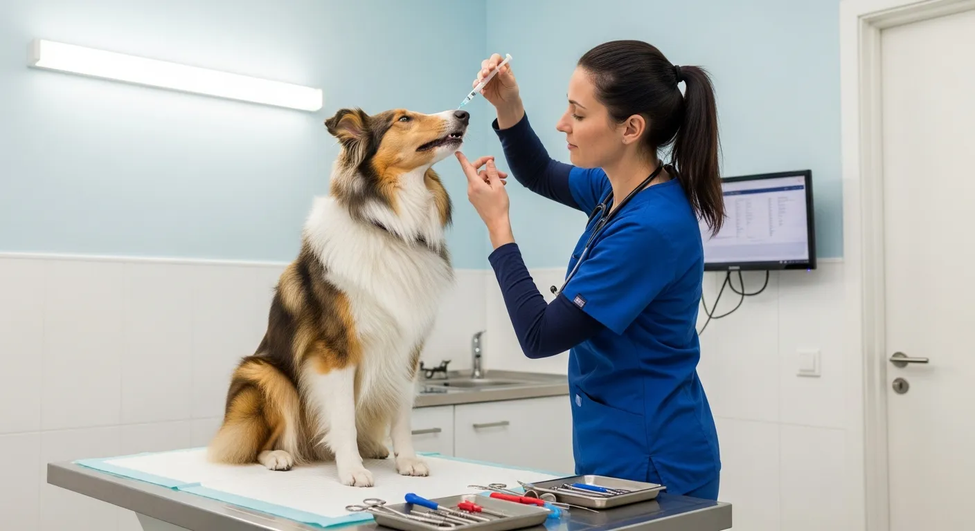 Veterinarian examining a Collie dog in clinical setting