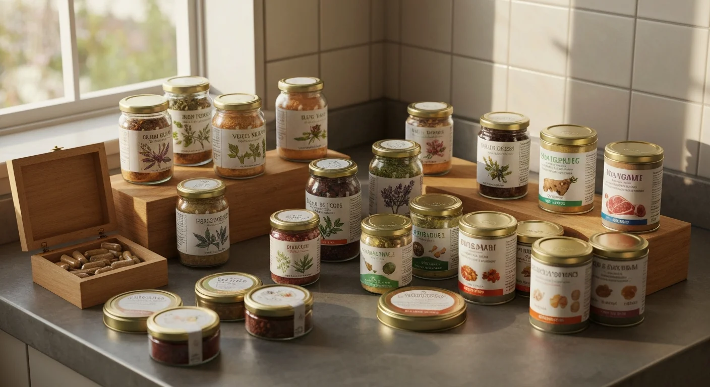 Herbal supplements and dog food on a table