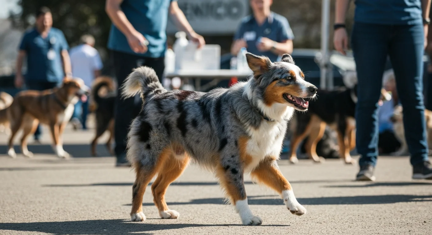Australian Shepherd dog at outdoor genetic testing event