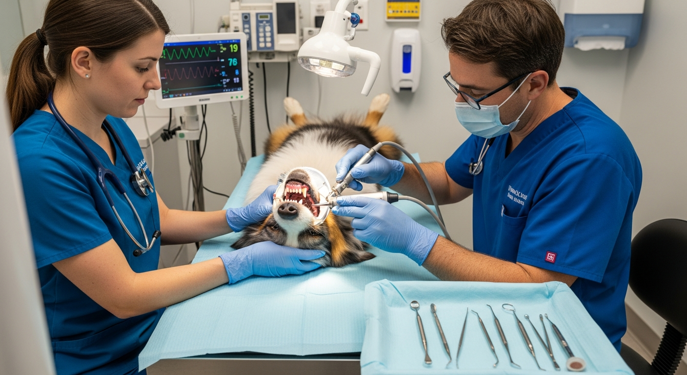 Australian Shepherd undergoing dental prophylaxis at a veterinary dental suite