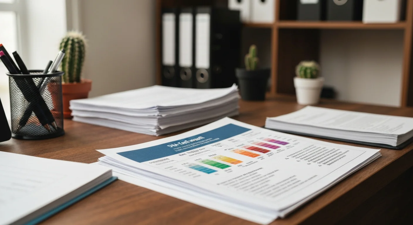 DNA test result report with dog breed information on veterinary clinic desk